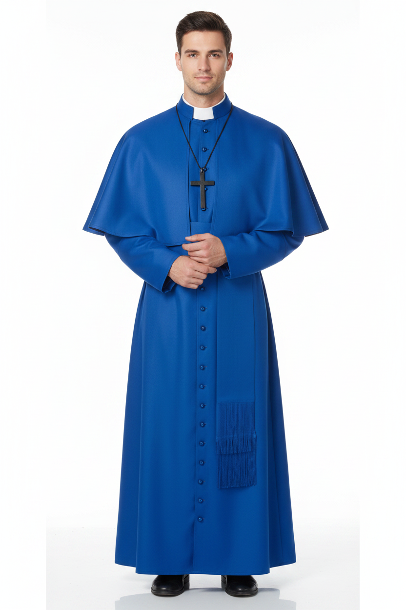 Male model wearing blue Bishop cassock robe with shoulder cape and cross pendant necklace, full body front view, white background