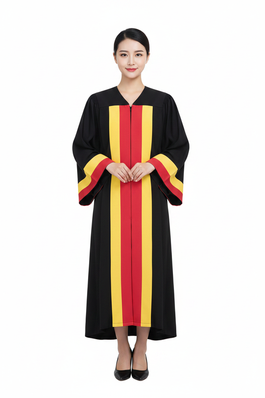 Female model wearing black choir robe with red and gold trim, full body front view, white background