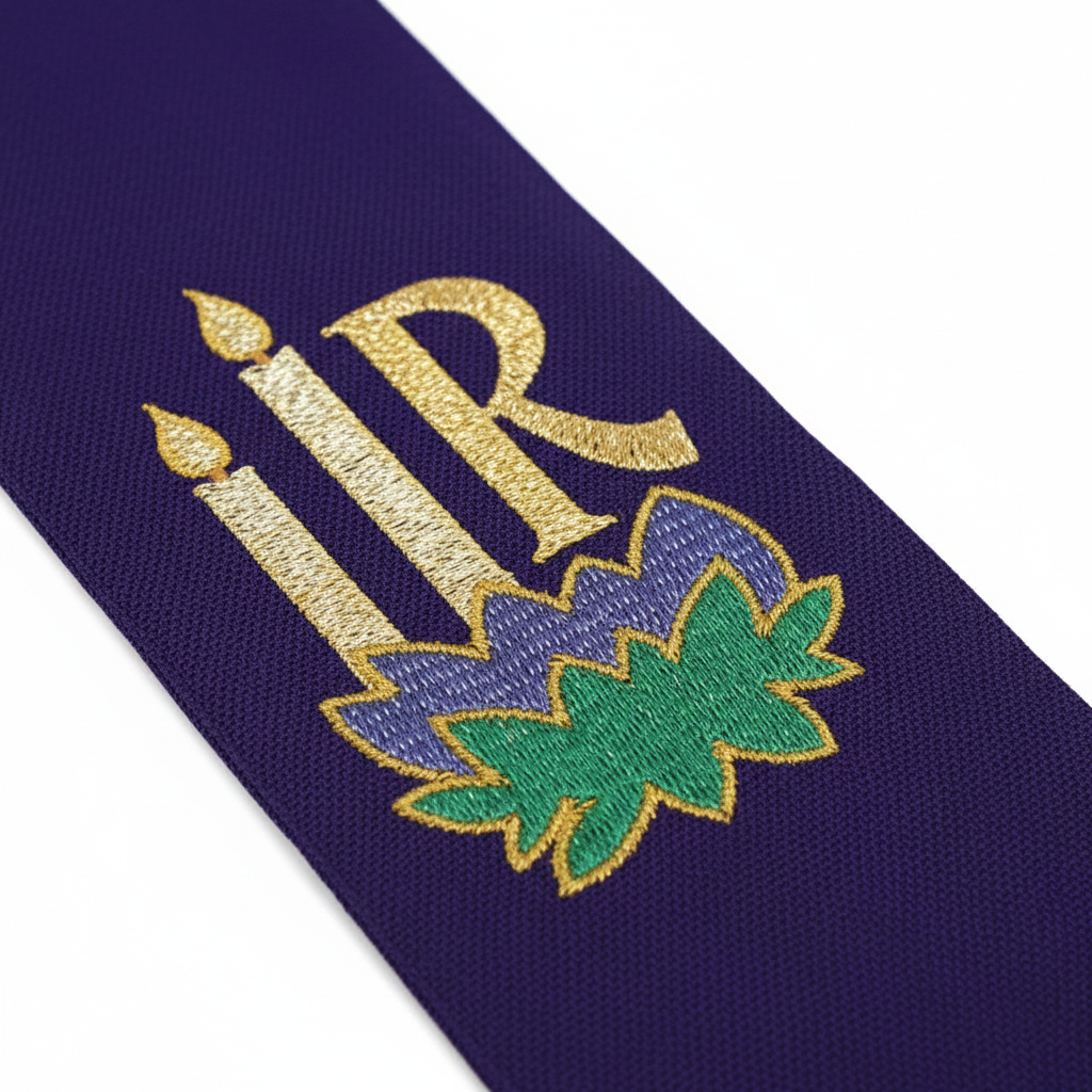 Close-up detail of the purple side of the clergy stole showing gold and green Chi-Rho and candle embroidery, macro shot, white background