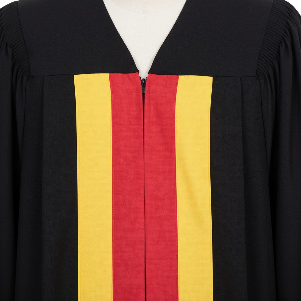 Close-up detail of black choir robe showing bright red and gold vertical stripe panels on the center front, macro shot, white background