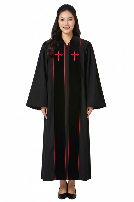 Premium Custom-Embroidered Clergy Robe - Black with Red Trim - Graduation Seller