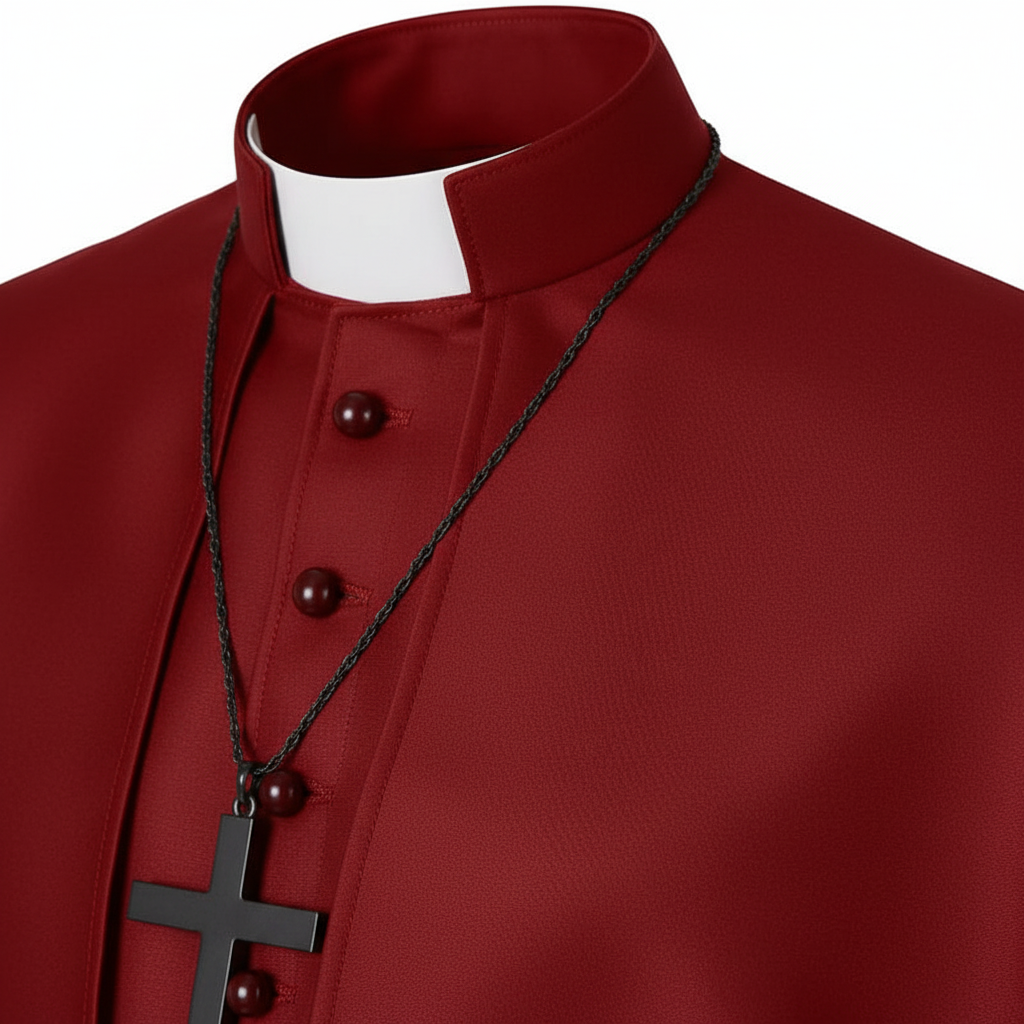 Close-up detail of dark red Cardinal cassock robe showing stand collar with white clerical insert and draping shoulder cape edge, white background