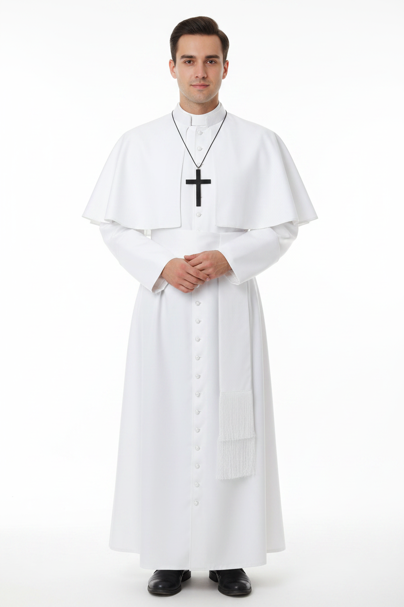 Male model wearing white Pope cassock robe with shoulder cape and cross pendant necklace, full body front view, white background