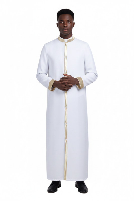Male model wearing white clergy robe with gold trim, full body front view, white background
