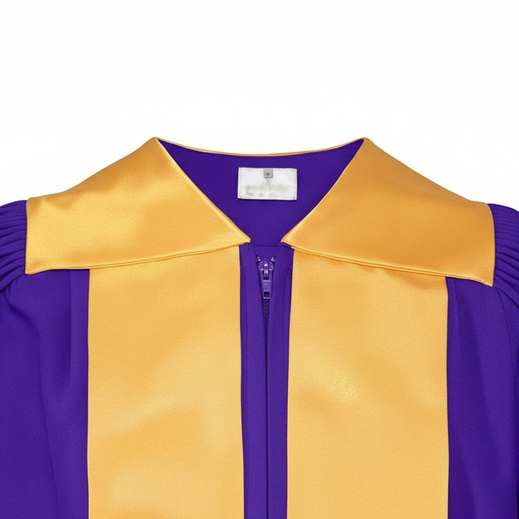 Close-up detail of purple choir robe showing gold satin fold-over collar and gold V-panel with embroidery trim, white background