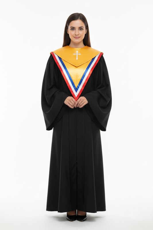 Choir V-Neck Collar Cape with Cross Embroidery | Gold with Red White Blue Trim | Stage Performance Ceremony | One Size | 15g - Graduation Seller