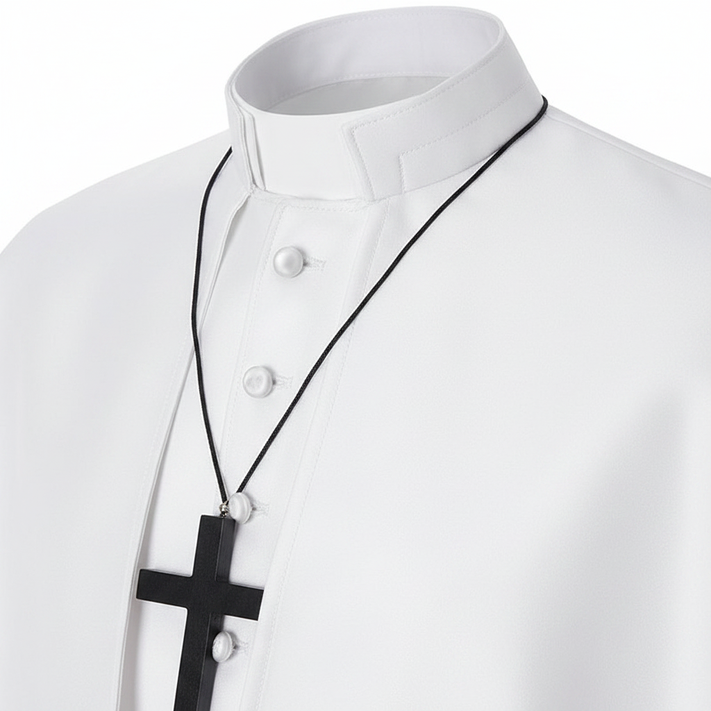 Close-up detail of white Pope cassock showing stand collar with clerical insert and draping shoulder cape edge, white background