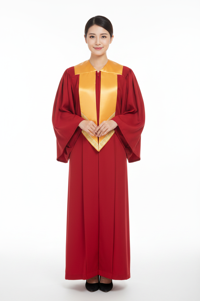Female model wearing red choir robe with gold satin collar and V-panel, full body front view, white background
