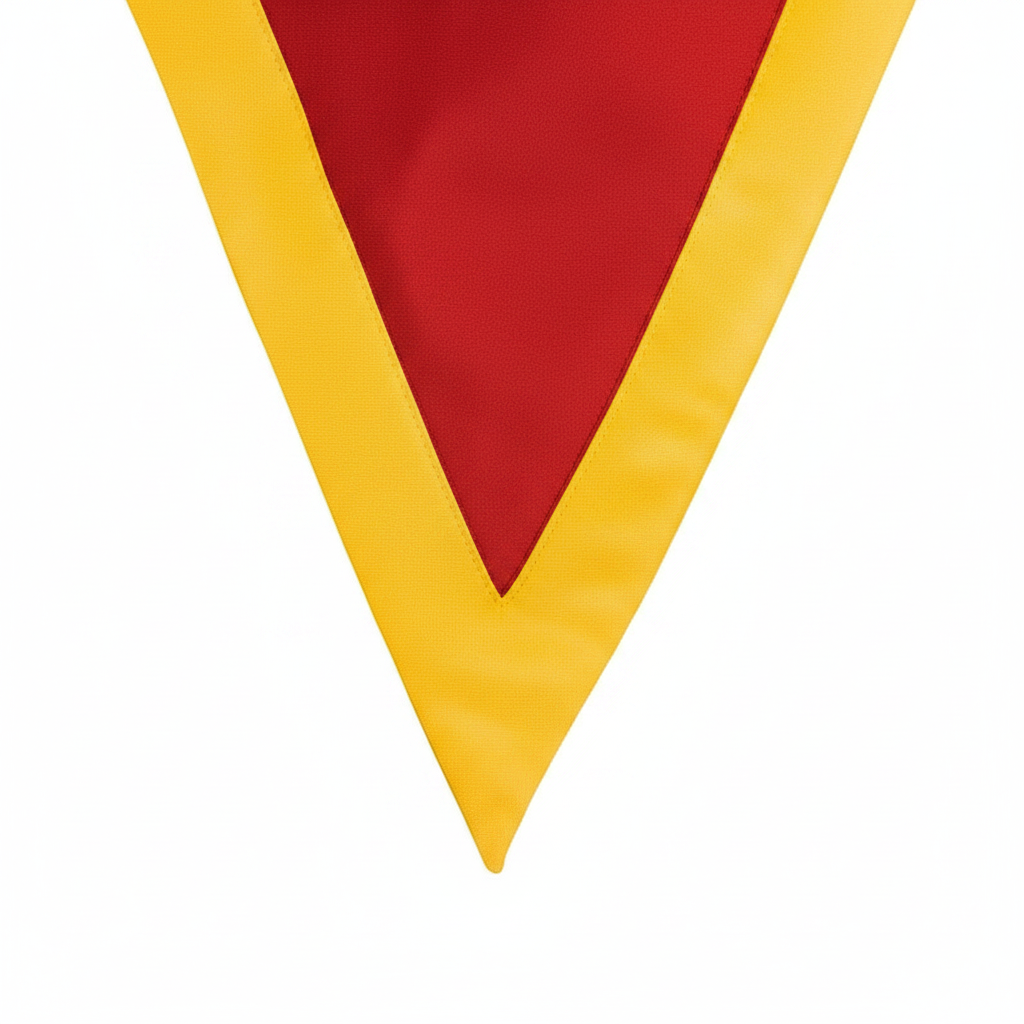 Close-up detail of red and gold two-tone V-stole showing sharp V-point and satin texture, white background