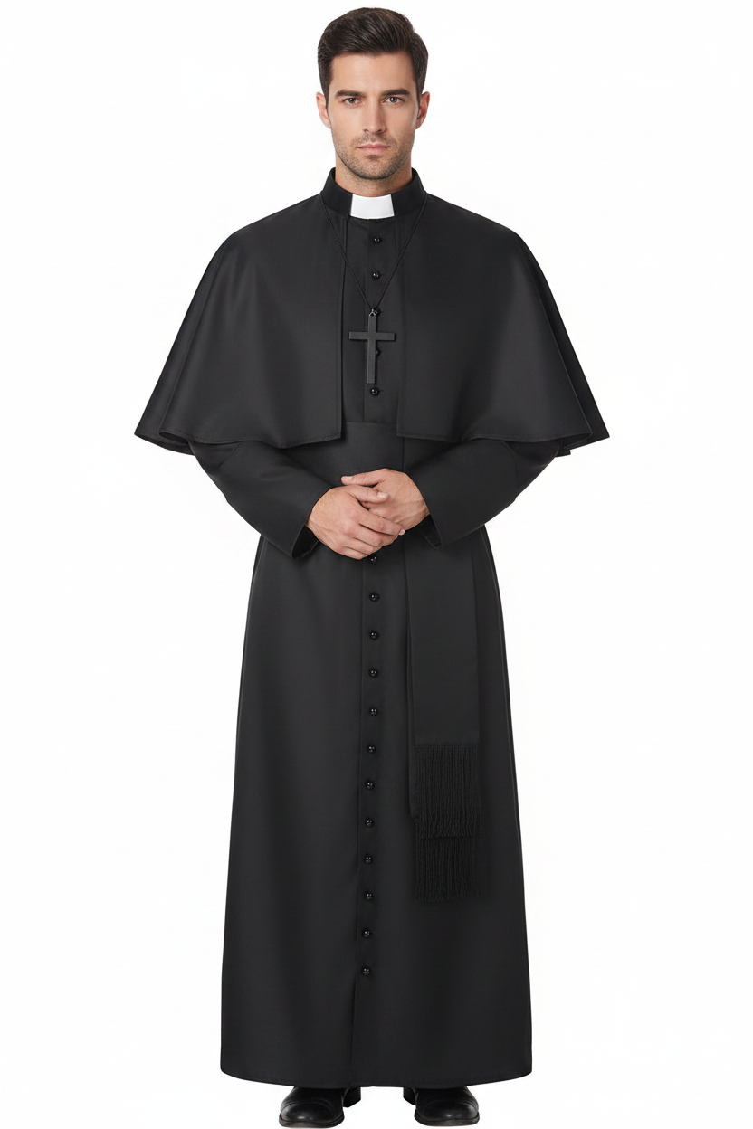 Male model wearing black clergy cassock robe with shoulder cape and cross pendant necklace, full body front view, white background