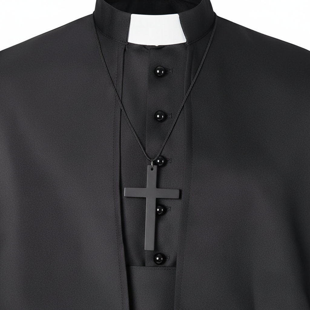 Close-up detail of black clergy cassock robe showing stand collar with white clerical insert and draping shoulder cape edge, white background