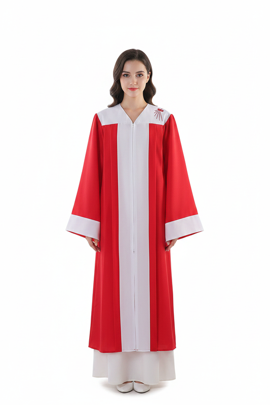 Female model wearing red and white choir robe with dove embroidery, full body front view, white background