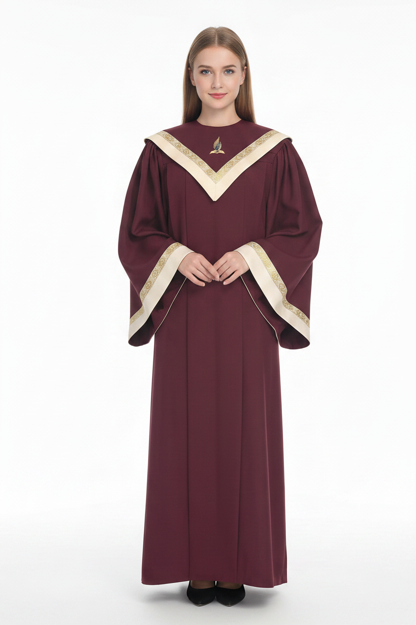 Premium V-Neck Choir Robe with Gold Trim - Burgundy - Graduation Seller