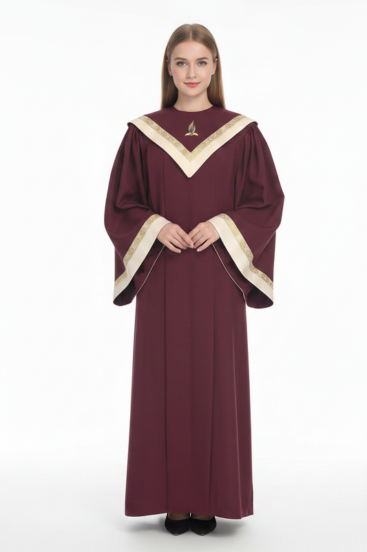 Premium V-Neck Choir Robe with Gold Trim - Burgundy - Graduation Seller
