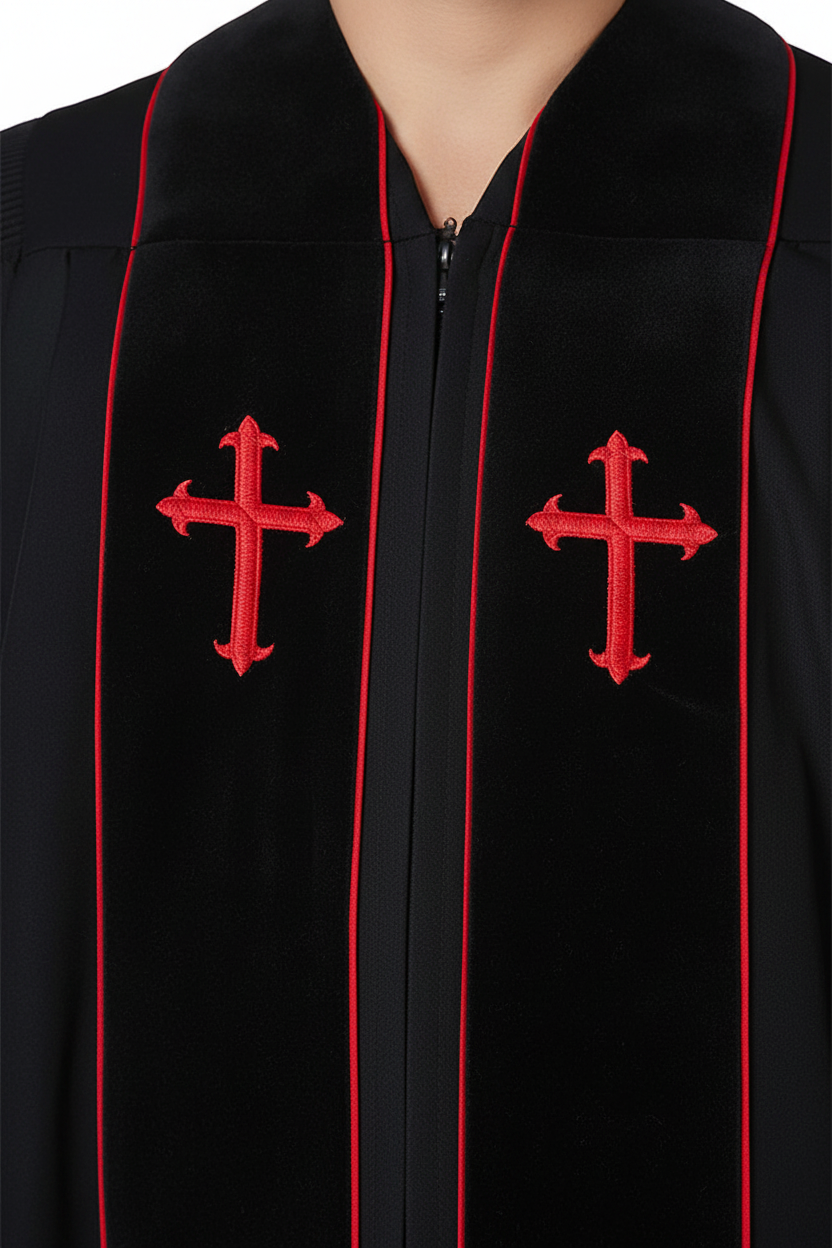 Premium Custom-Embroidered Clergy Robe - Black with Red Trim - Graduation Seller