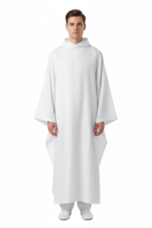 Male model wearing white liturgical alb surplice robe with high stand collar and wide bat-wing sleeves, full body front view, white background