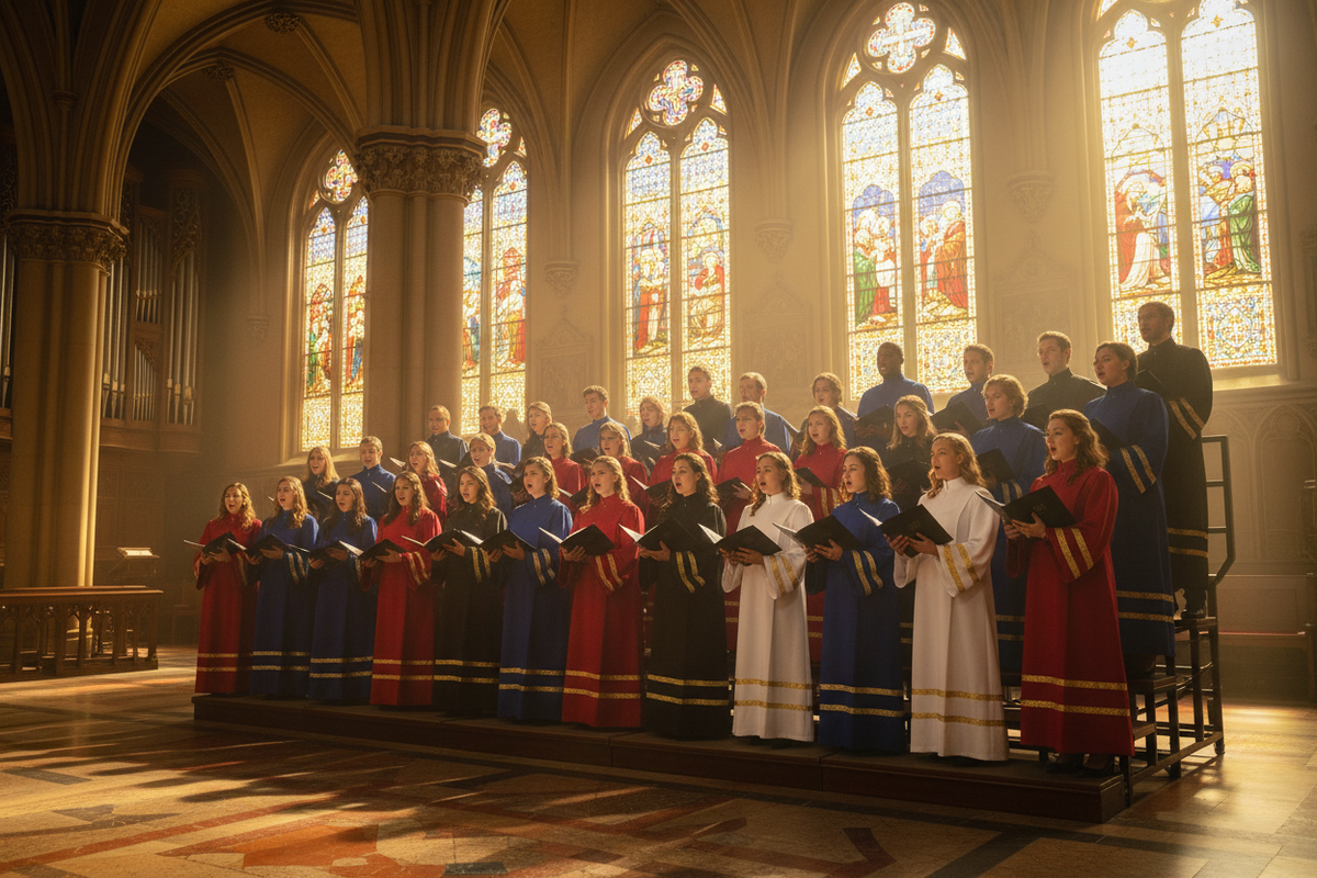 Church choir group wearing matching liturgical robes in blue red black and white with gold trim, singing in cathedral