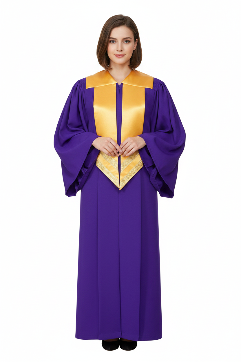 Female model wearing purple choir robe with gold satin collar and V-panel, full body front view, white background