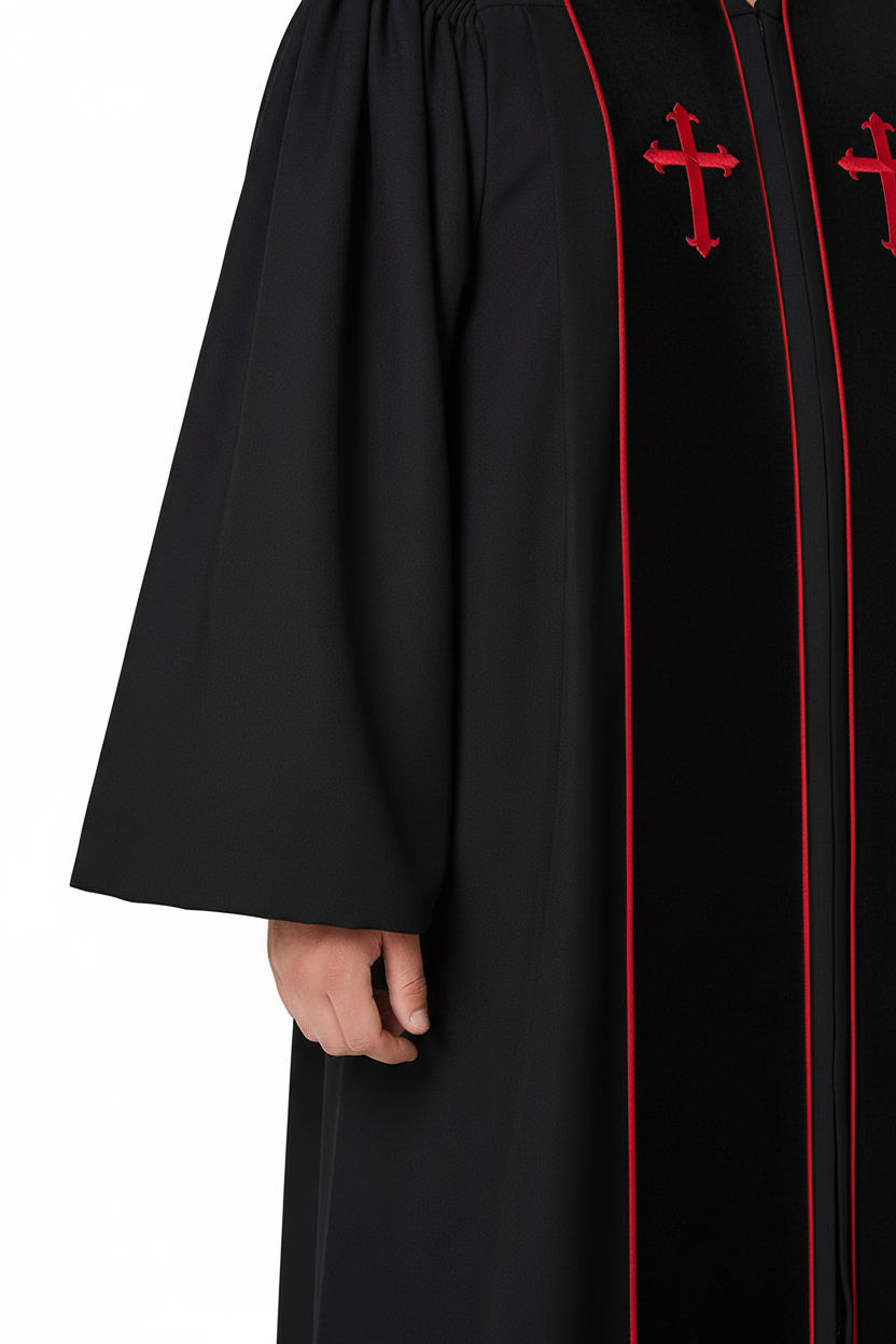 Premium Custom-Embroidered Clergy Robe - Black with Red Trim - Graduation Seller