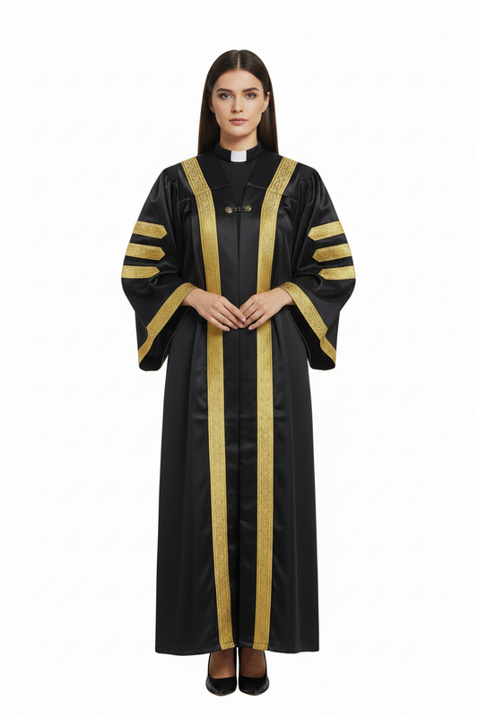 Unisex Clergy Choir Robe | Black with Gold Patterned Trim | Custom Logo Supported | Stage Performance Cosplay | M-XXXL | 1100g - Graduation Seller