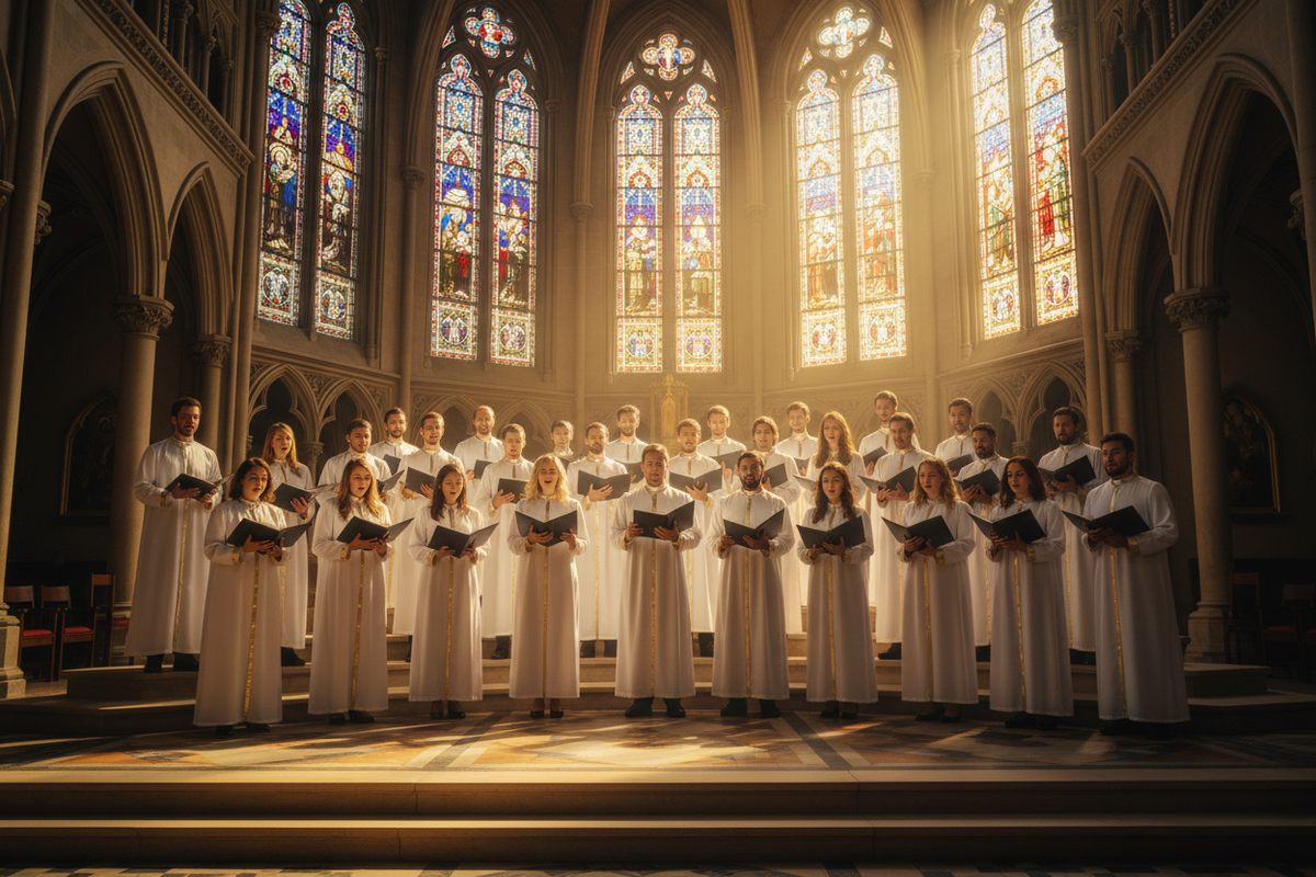 Church choir wearing white clergy robes with gold trim standing in cathedral with stained glass windows, cinematic atmosphere