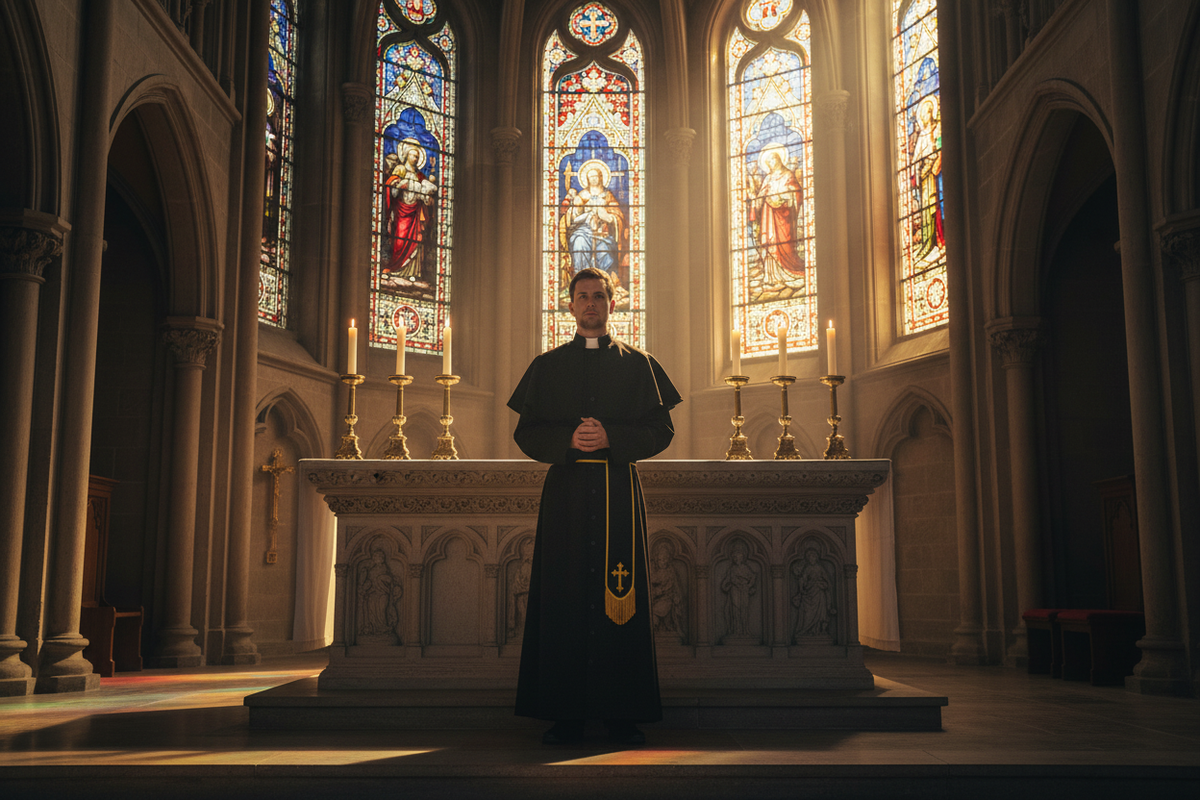 Catholic priest wearing black cassock with gold stole at church altar with candles and stained glass, cinematic atmosphere