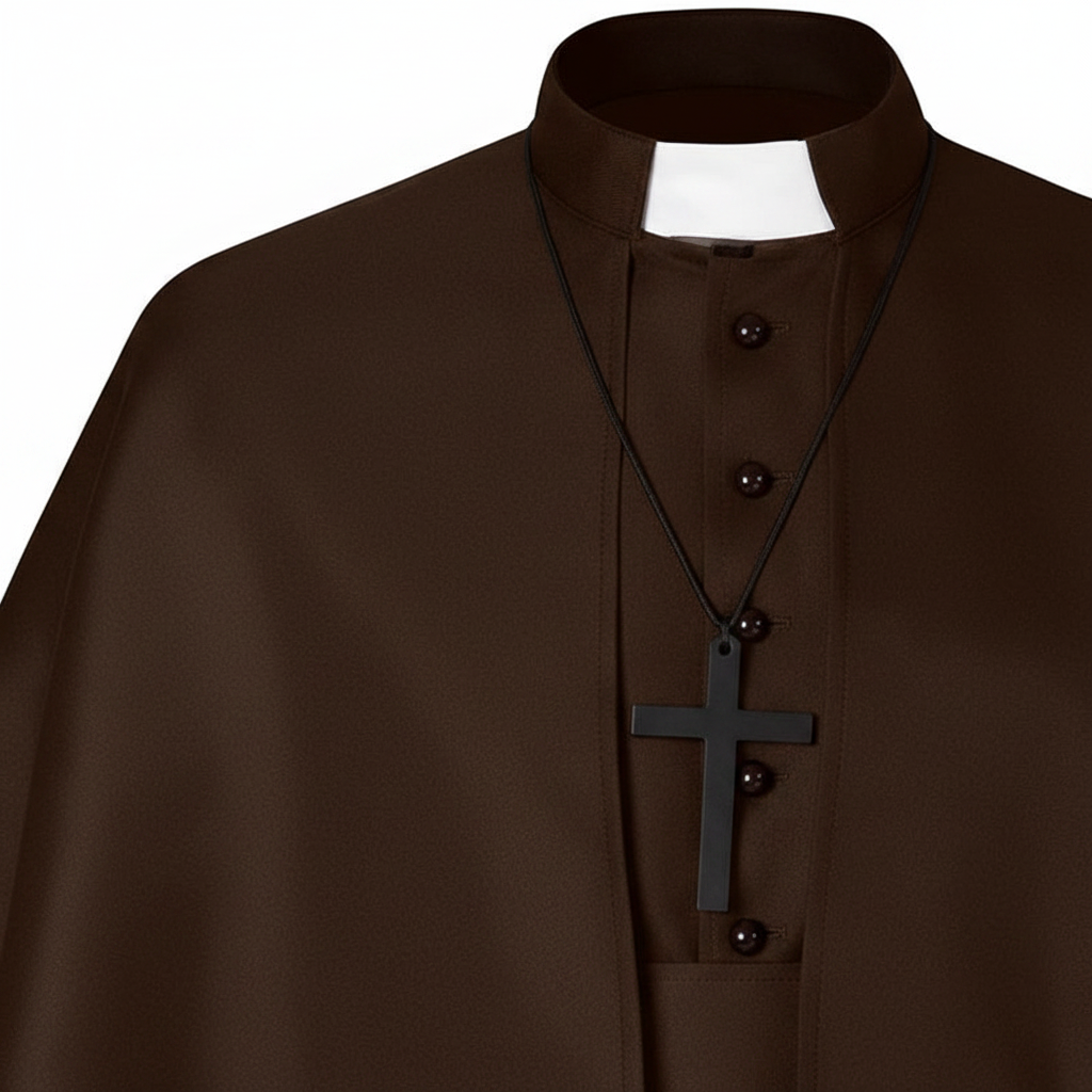 Close-up detail of dark brown monk cassock robe showing stand collar with white clerical insert and draping shoulder cape edge, white background