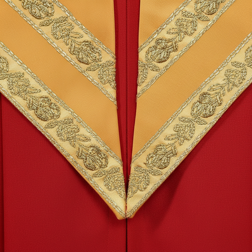 Close-up detail of gold satin V-panel tip showing gold floral embroidery trim border, white background