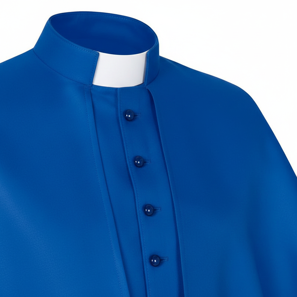 Close-up detail of blue Bishop cassock robe showing stand collar with white clerical insert and draping shoulder cape edge, white background
