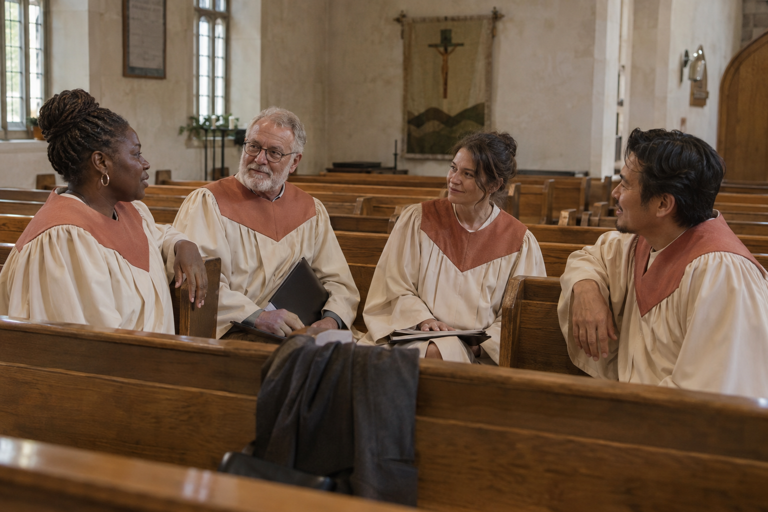 Choir group together in a church