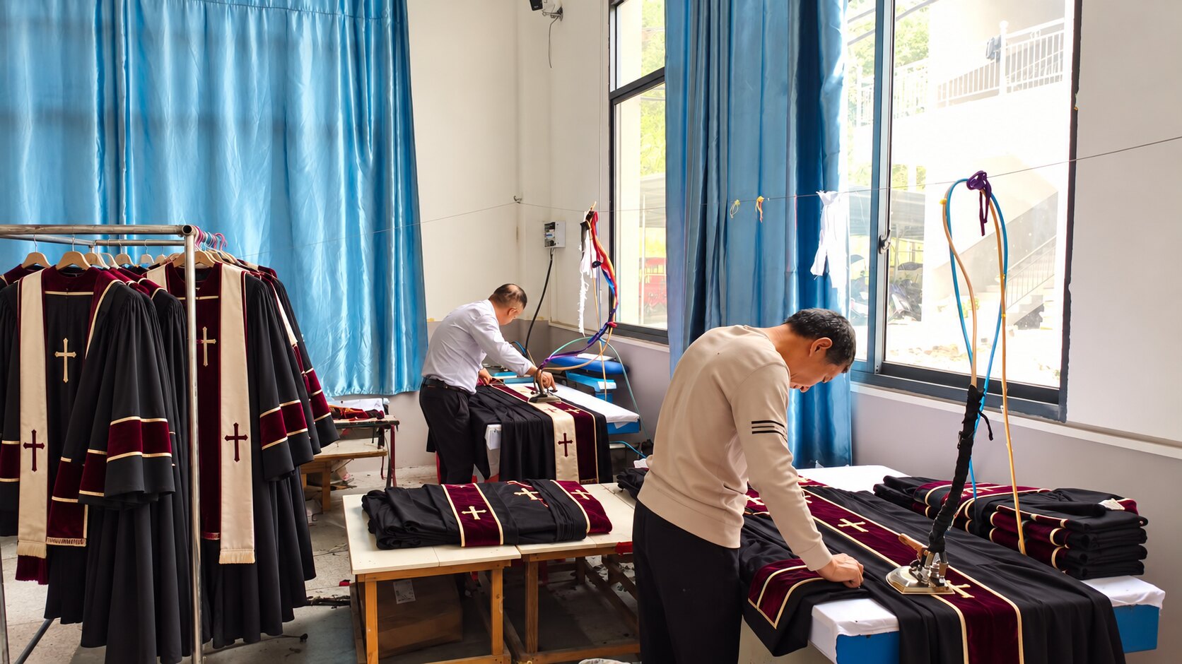 Ceremonial robes being pressed and finished